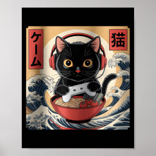 Póster Gato japonés retro divertido de ramen jugador kawa