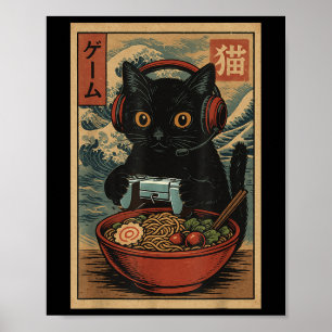 Póster Gato japonés retro divertido de ramen lindo kawaii