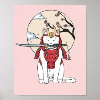 Póster Gato japonés Sakura Samurai