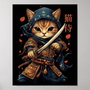 Póster Gato japonés samurai tattoo Kawaii Ninja gato W