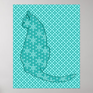 Póster Gato japonés - Turquesa y Aqua