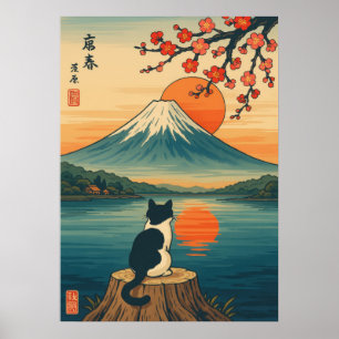 Póster Gato japonés viendo la puesta de sol del Monte Fuj