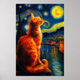 Póster Gato Jengibre Contemplativo   Cielo Nocturno Estre
