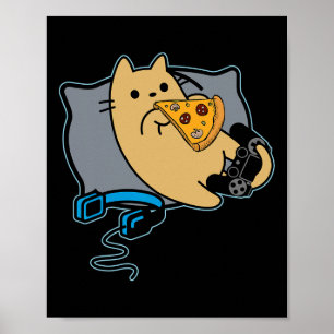 Póster Gato Jugador Comelón de Pizza Friki Juego Pausado