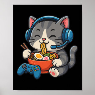 Póster Gato jugador comiendo Ramen - Amante de juegos de 