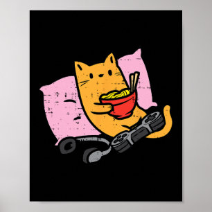 Póster Gato Jugador Ramen Kawaii Juegos Japonés Mujeres C
