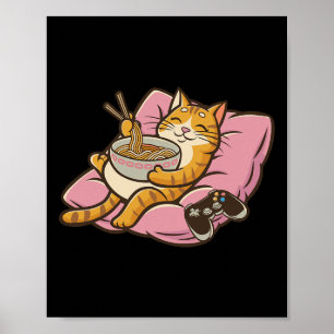 Póster Gato Jugador Ramen Kawaii Juegos Japonés Mujeres C