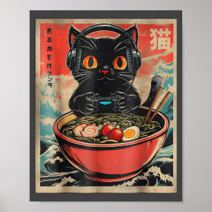 Póster Gato Jugador Vintage Divertido Ramen Retro Gato Ja