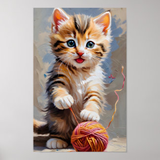 Póster Gato Jugando Con Una Bola De Yarn Poster