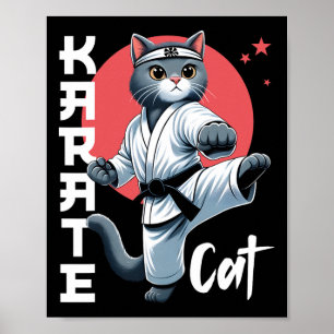 Póster Gato Karate Gi Black Belt Martial Arts Kick Feline