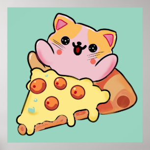 Póster Gato Kawaii Abrazando Pizza de Pepperoni Dibujo An