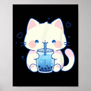 Póster Gato Kawaii Boba Japonés Lindo Estético Anime Chic