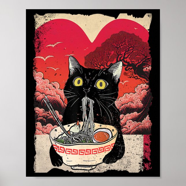 Póster Gato Kawaii Comer fideos Ramen es mi valentía (Frente)