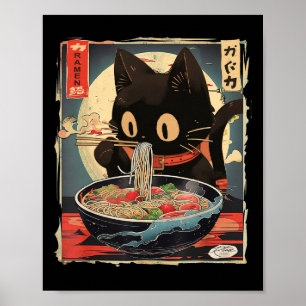 Póster Gato Kawaii comiendo fideos de Ramen Chicas de reg