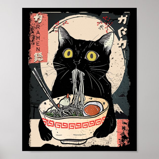 Póster Gato Kawaii comiendo fideos de Ramen Divertido reg (Frente)