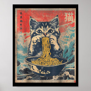 Póster Gato Kawaii Comiendo Fideos Ramen Regalo Divertido
