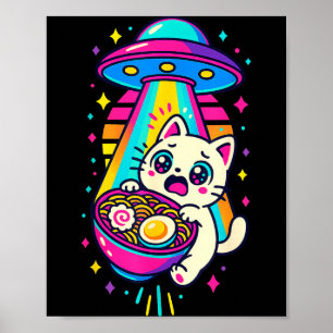 Póster Gato Kawaii Divertido Ramen Ovni Anime Japonés Muj