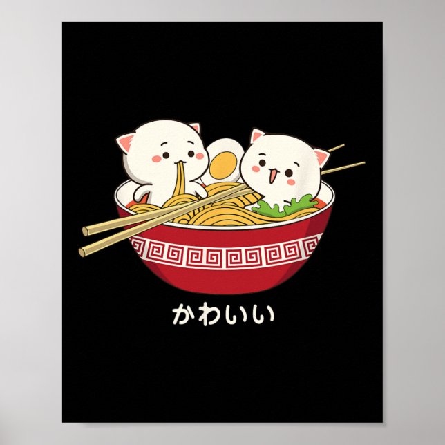 Póster Gato Kawaii Japonés Tokyo Anime Cat Ramen T Shirt (Frente)
