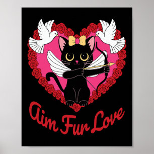 Póster Gato Kawaii Negro Cupido Con Corazón Y Piel De Ros