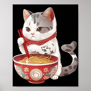 Póster Gato Kawaii NeKo comiendo fideos de Ramen comida j