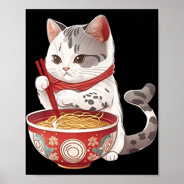 Póster Gato Kawaii NeKo comiendo fideos de Ramen comida j (Frente)