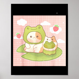 Póster Gato Kawaii Rana Fresa Retro Años 90 Cottagecore