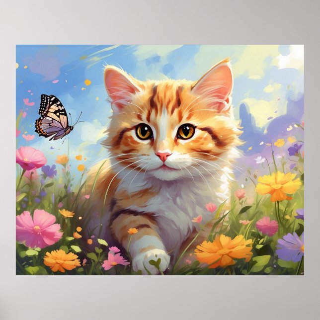 Póster *~* Gato Kitty 5:4 Flores de gatito AP68 Mariposa (Frente)