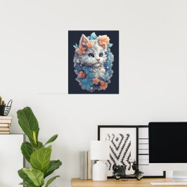Póster Gato Kitty Floral Blanco Lindo