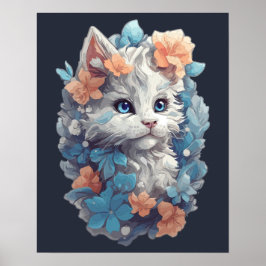 Póster Gato Kitty Floral Blanco Lindo