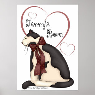 Póster Gato Kitty negro y blanco con corazón