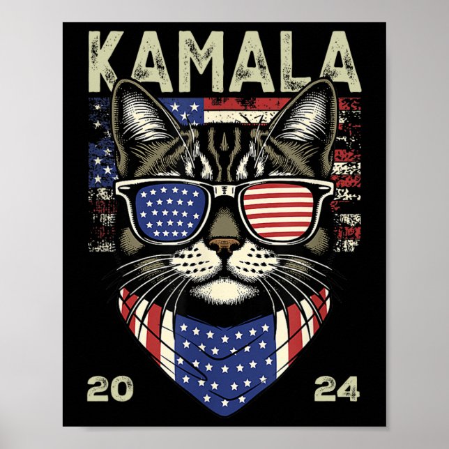 Póster Gato Lady Kamala-harris 2024 Bandera estadounidens (Frente)