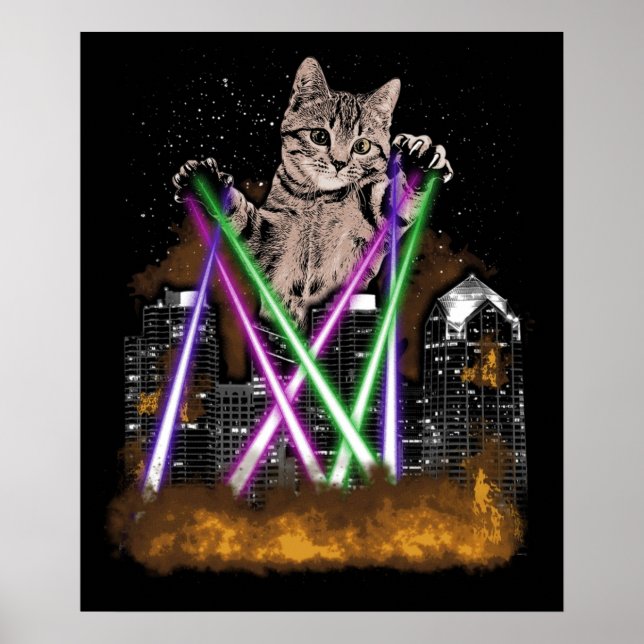 Póster Gato Láser Destruye La Ciudad Con Paws Cute Adorab (Frente)