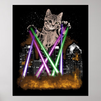 Póster Gato Láser Destruye La Ciudad Con Paws Cute Adorab