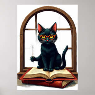 Póster Gato Lector de Dark Academia Sticker de Libro Gusa