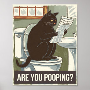 Póster Gato leyendo periódico en el inodoro - ¿Estás defe