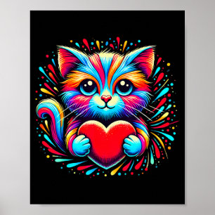 Póster Gato Lindo Abrazando Corazón de San Valentín Amor 