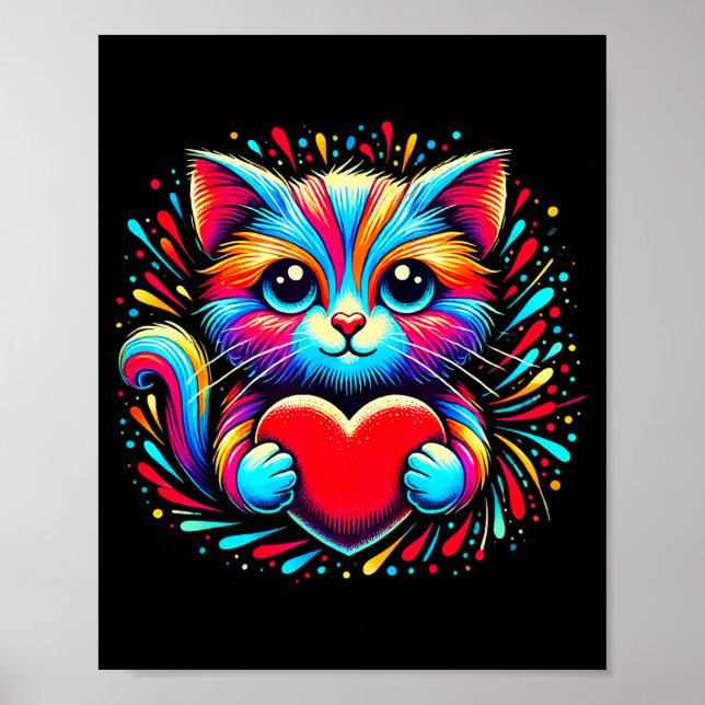 Póster Gato Lindo Abrazando Corazón de San Valentín Amor  (Frente)
