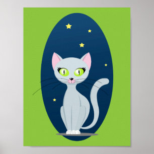 Póster Gato lindo cielo estrellado nocturno Dibujo animad