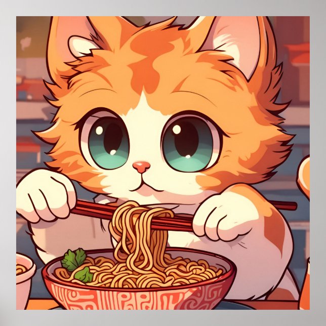 Póster Gato lindo comiendo fideos de Ramen (Frente)