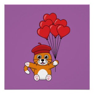 Póster Gato lindo con globos de corazón rojo