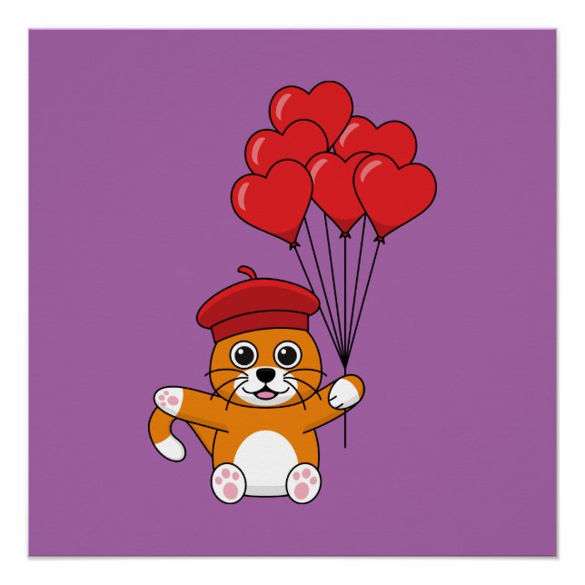 Póster Gato lindo con globos de corazón rojo (Anverso)