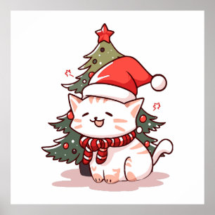 Póster Gato lindo con sombrero de Santa cerca del árbol d