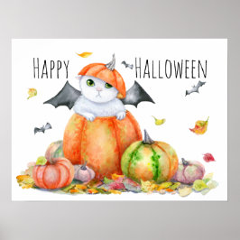 Póster Gato lindo de Halloween en calabaza