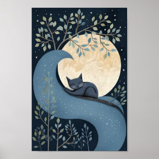 Póster Gato lindo durmiendo bajo la Luna y las Estrellas.