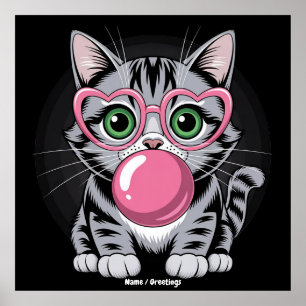Póster Gato Lindo Gatito Comiendo Chicle y Haciendo Burbu