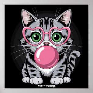 Póster Gato Lindo Gatito Comiendo Chicle y Haciendo Burbu