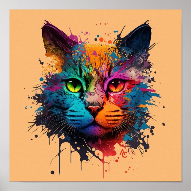 Póster Gato lindo - Graffiti Tinta de Neon Splash (Frente)