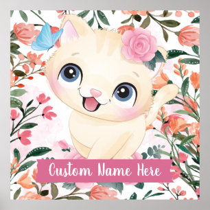 Póster Gato Lindo Rosas Rosadas Flores de Rubor Nombre Pe
