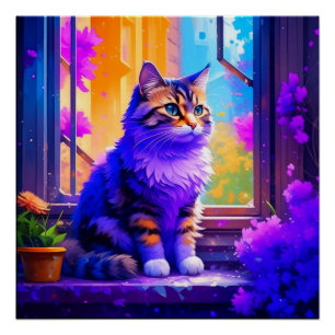 Póster Gato Lindo Sentado en la Ventana Arte de IA