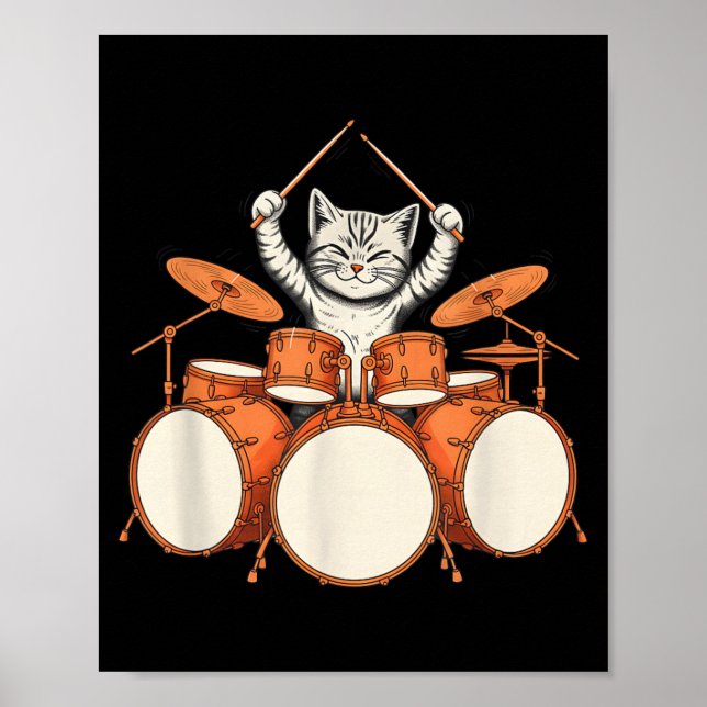Póster Gato Lindo Tocando Batería Divertido Kit de Bateri (Frente)